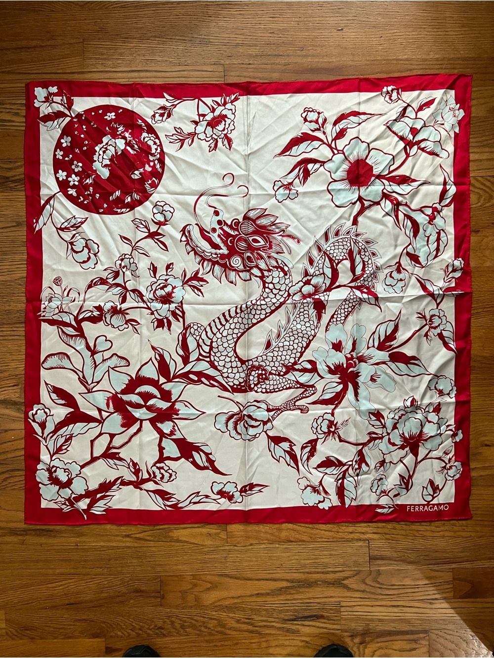 Salvatore Ferragamo Red & White Dragon Floral  Scarf